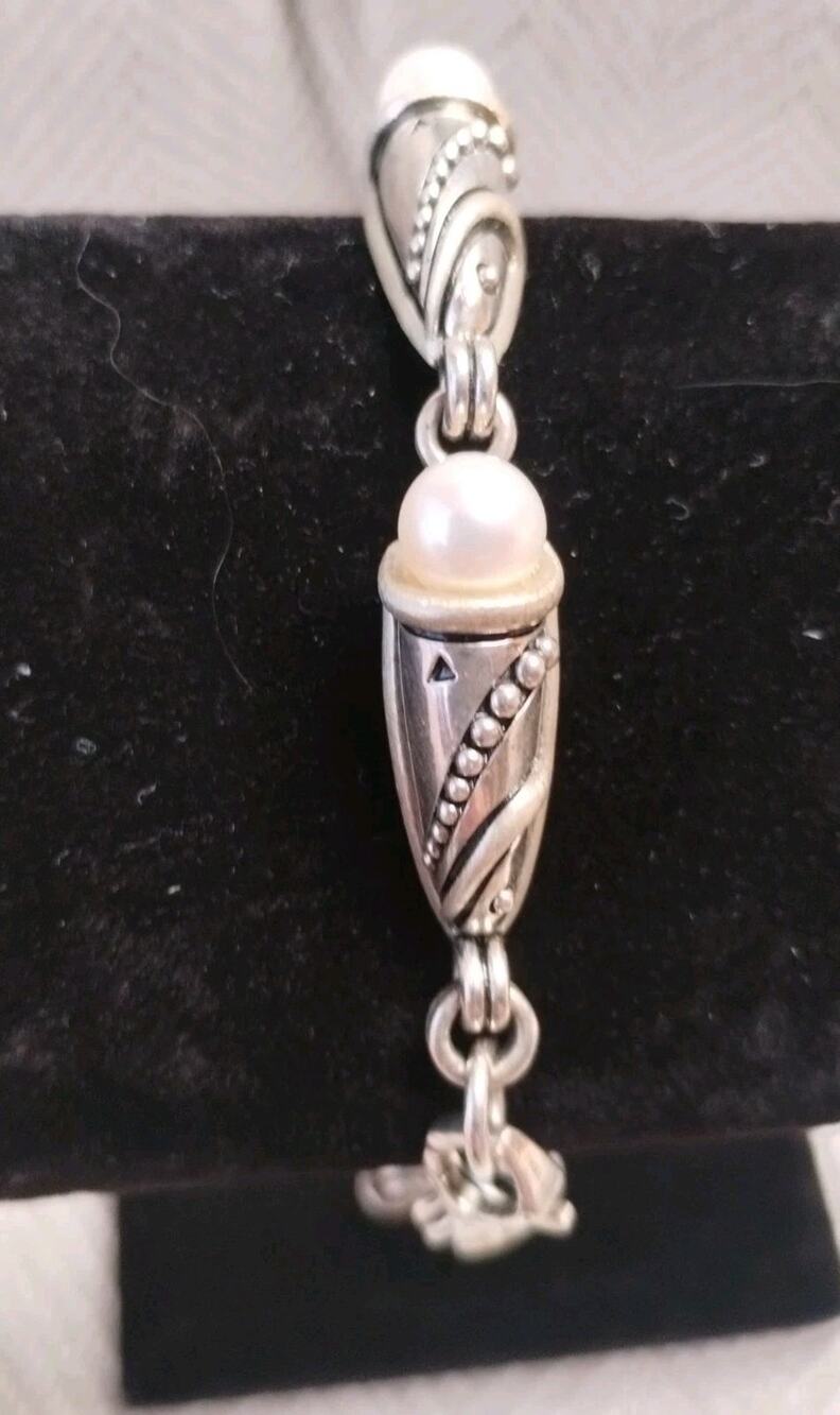 JAI John Hardy Sterling Silver Cultured Pearl Engraved Link Bracelet 8.5"